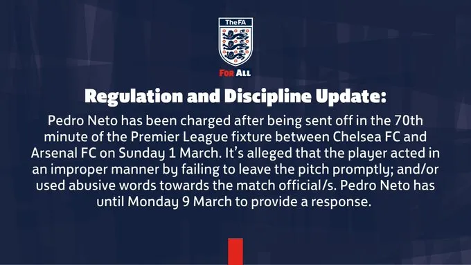 Baccara Gaming-英足总官方：指控切尔西边锋内托红牌后出言不逊+未及时离场